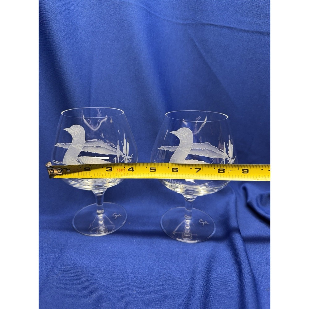 Pair COYLE Signed Crystal Brandy Snifters Loon Wildlife Etched Glasses 6.5" VTG - Picture 5 of 7